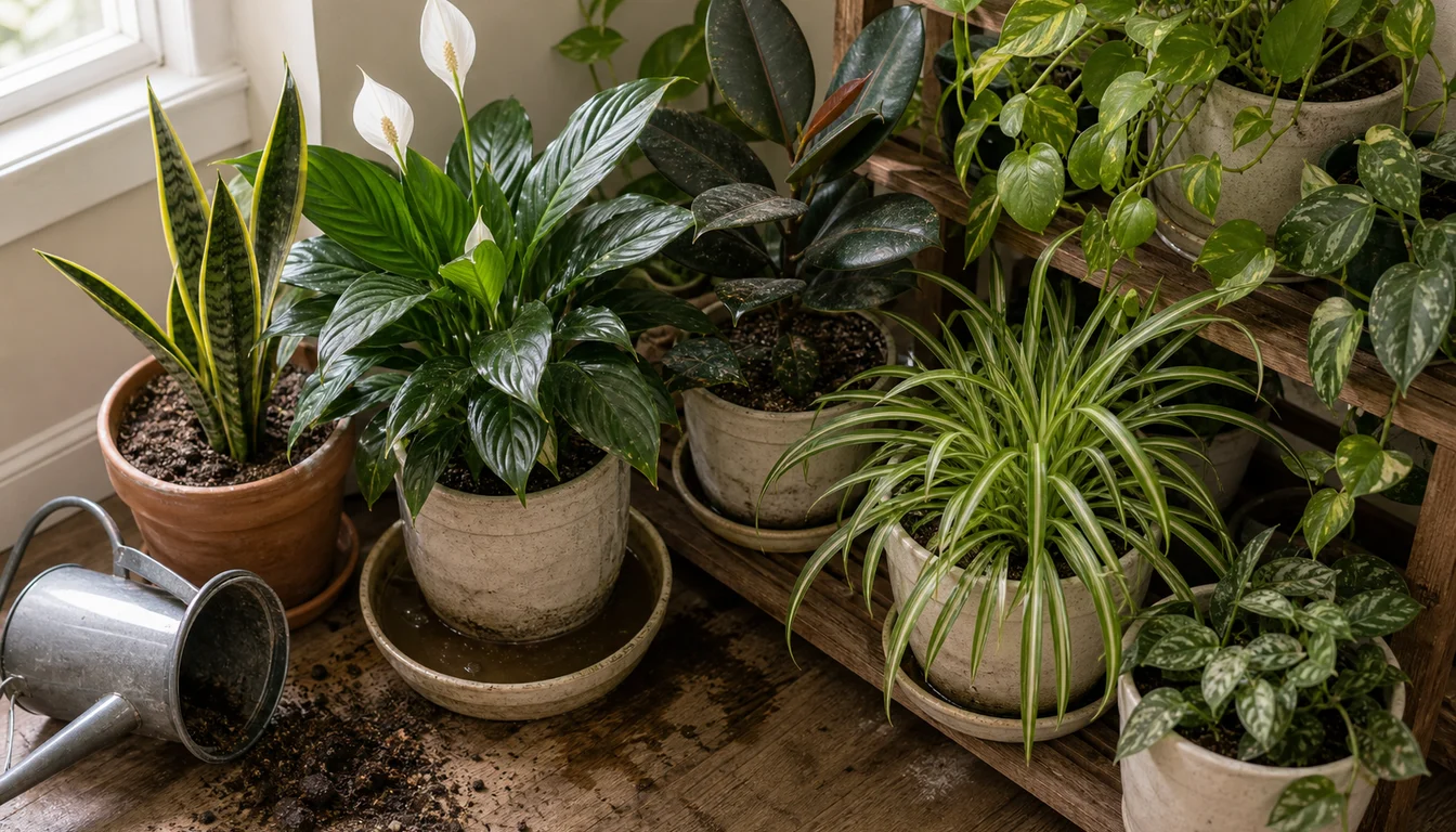 crowded snake plant, peace lily, rubber plant, spider plant, and pothos with full saucers, spilled potting mix, and tipped watering can