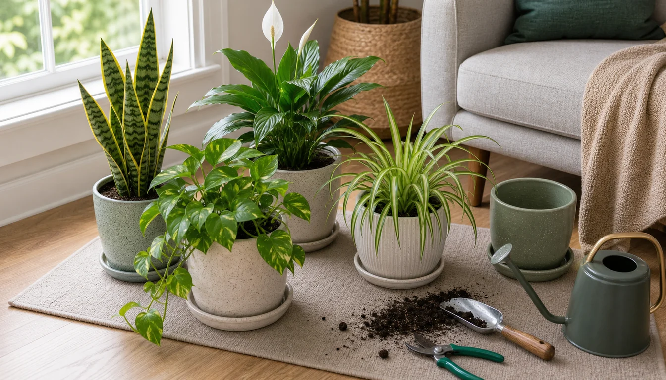 starter houseplant grouping with snake plant, pothos, peace lily, spider plant, empty pot, watering can, potting scoop, and pruners