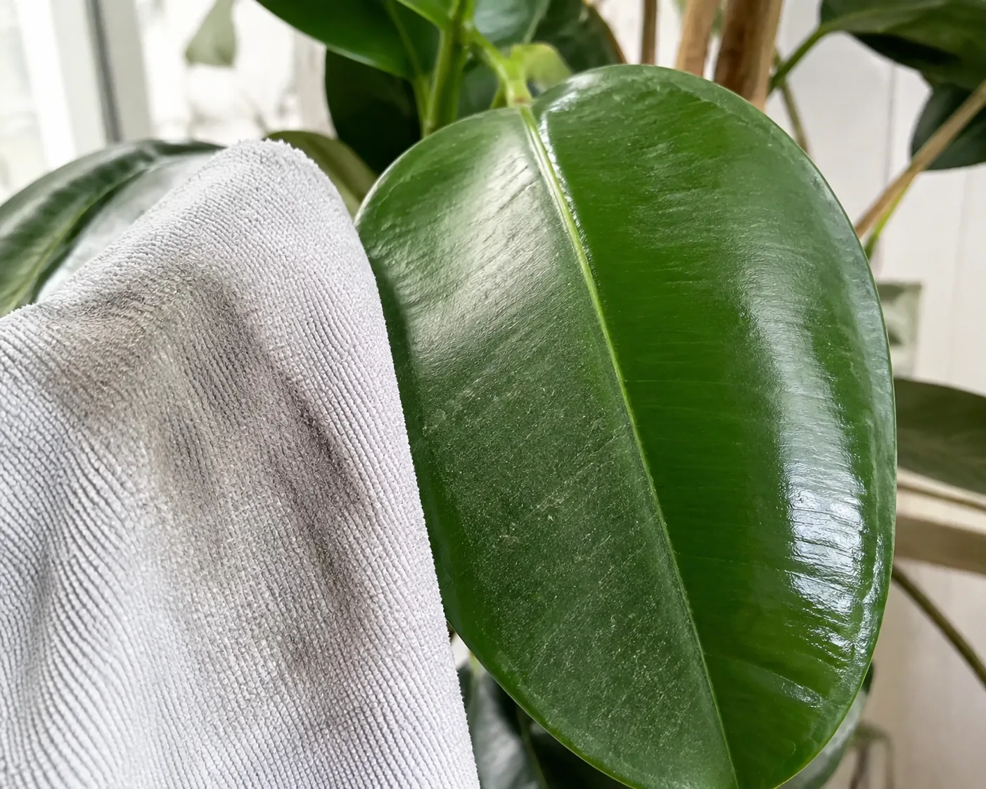 A damp cloth with a gray dust smear beside a rubber plant leaf that is clean on one half and dusty on the other