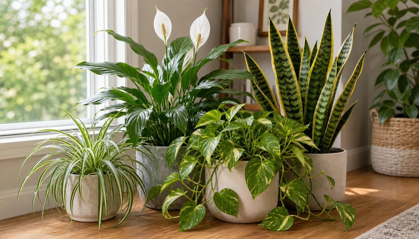 Air purifying houseplants with clean foliage beside a bright indoor window
