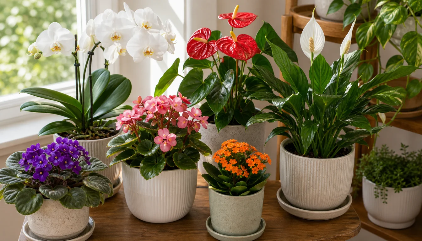African violet, white orchid, red anthurium, peace lily, pink begonia, and orange kalanchoe flowering in pots beside a bright window
