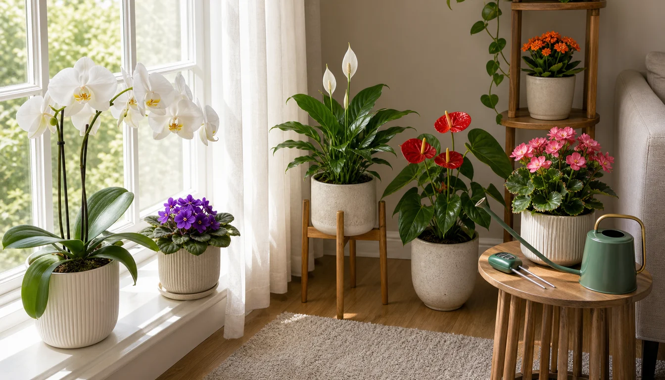 white orchid, African violet, peace lily, red anthurium, pink begonia, orange kalanchoe, watering can, and moisture meter near a bright window