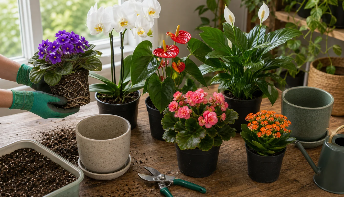 gloved hands holding African violet root ball beside white orchid, red anthurium, peace lily, pink begonia, orange kalanchoe, pruners, and potting mix