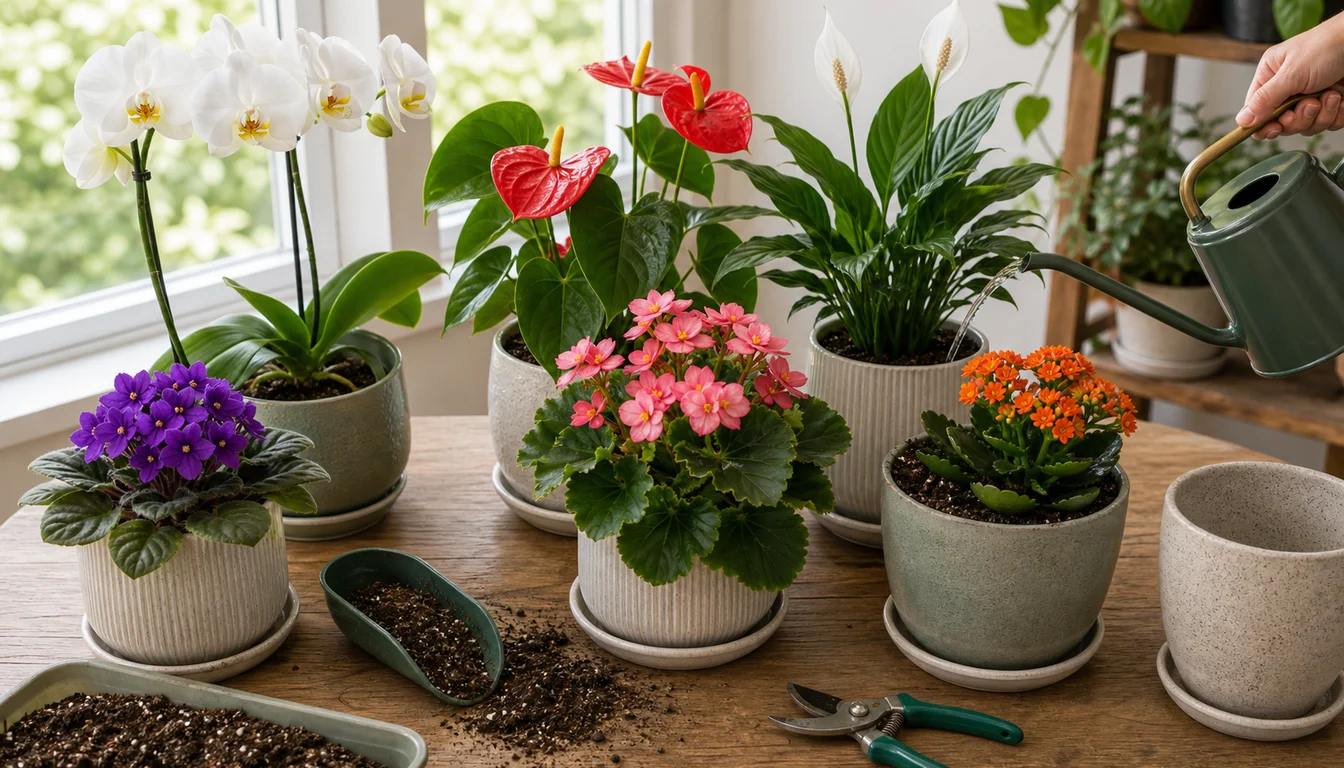 watering can soaking pots of African violet, white orchid, red anthurium, peace lily, pink begonia, orange kalanchoe, potting mix, and pruners