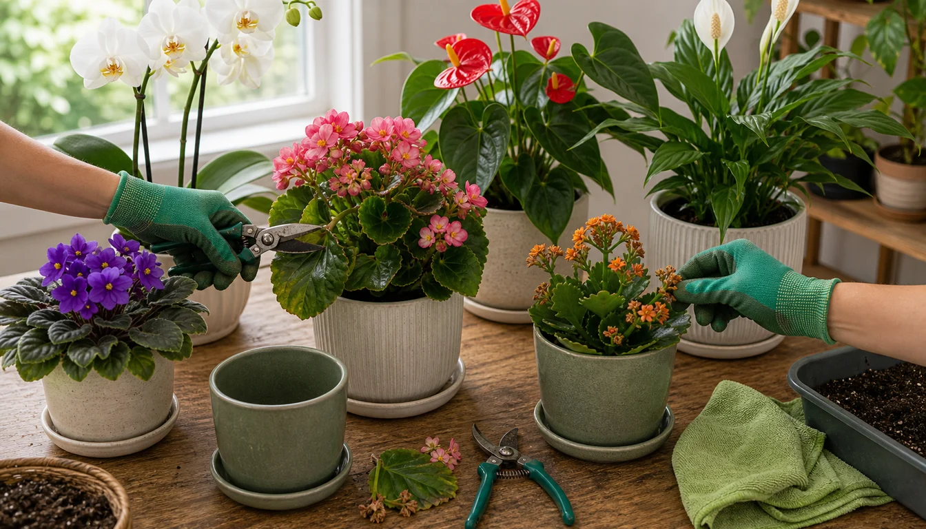 gloved hands deadheading pink begonia and orange kalanchoe beside African violet, white orchid, red anthurium, peace lily, pruners, cloth, and potting mix