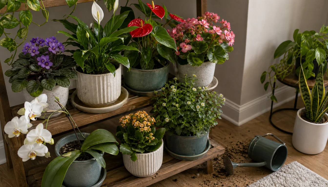 crowded African violet, peace lily, red anthurium, pink begonia, white orchid, kalanchoe, pothos, spilled potting mix, and tipped watering can