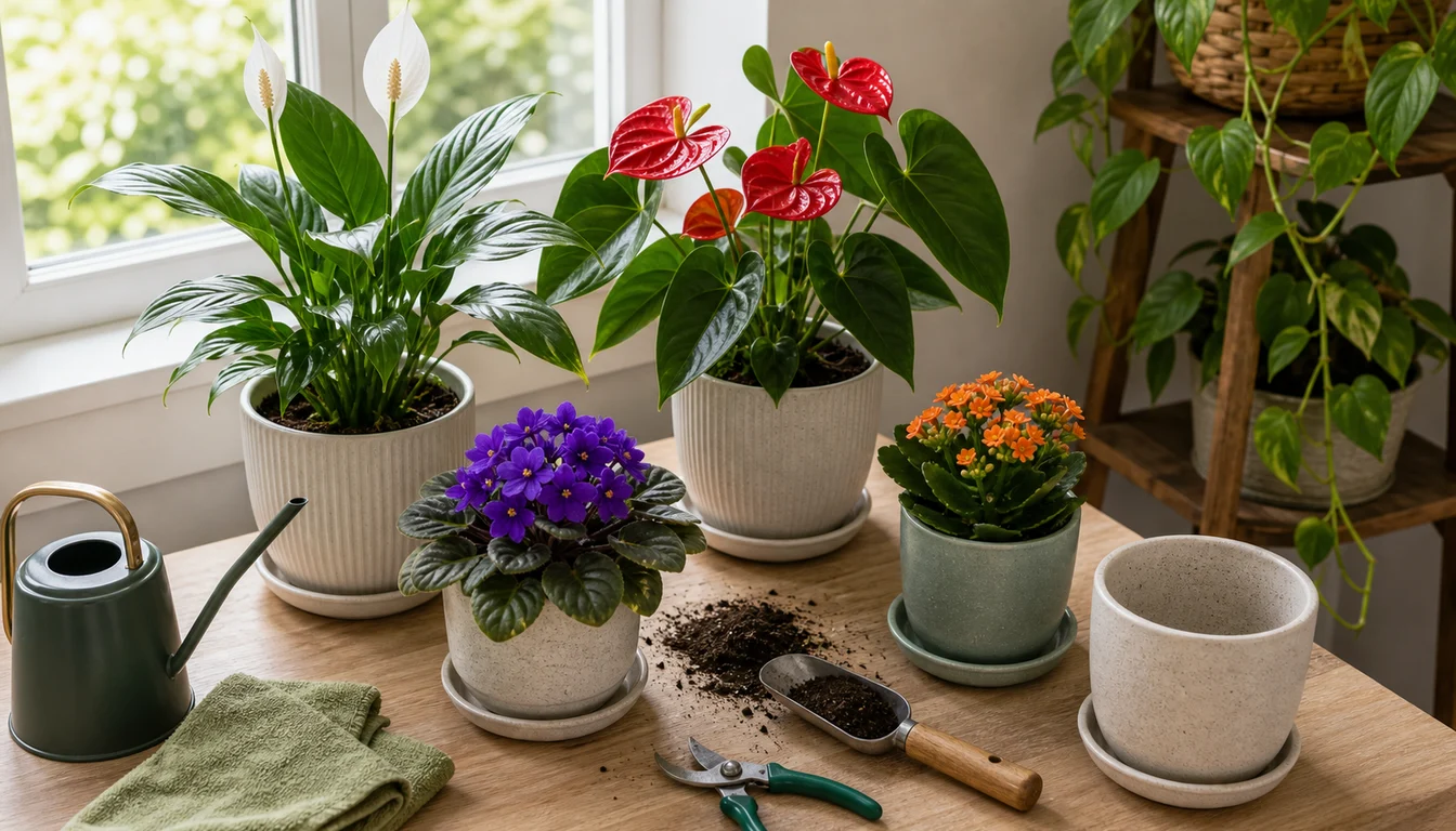 starter flowering houseplant setup with peace lily, red anthurium, African violet, orange kalanchoe, pothos, watering can, pruners, potting scoop, and empty pot