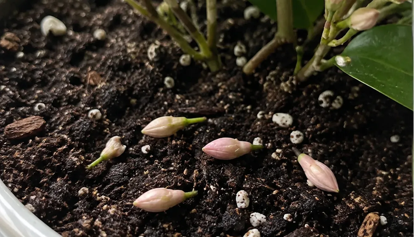 Several unopened flower buds lying on the soil surface of a potted houseplant, with more buds still attached to the healthy green plant above them