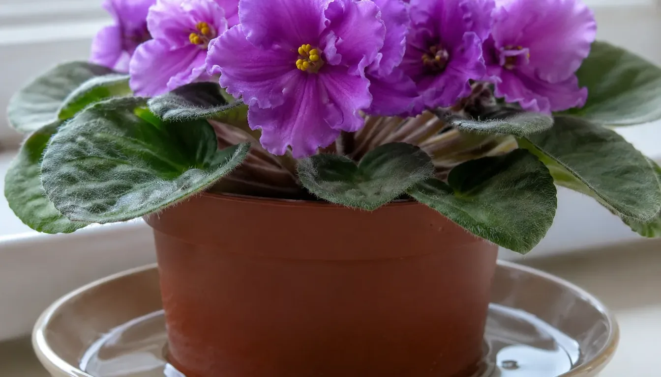 An African violet in full flower standing in a shallow saucer of water, taking it up from below with its fuzzy leaves and crown completely dry