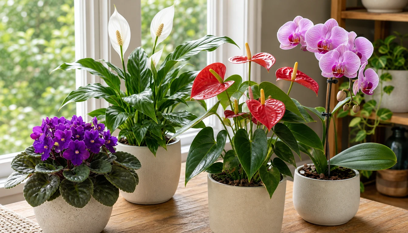 Flowering houseplants with colorful blooms in bright indoor light