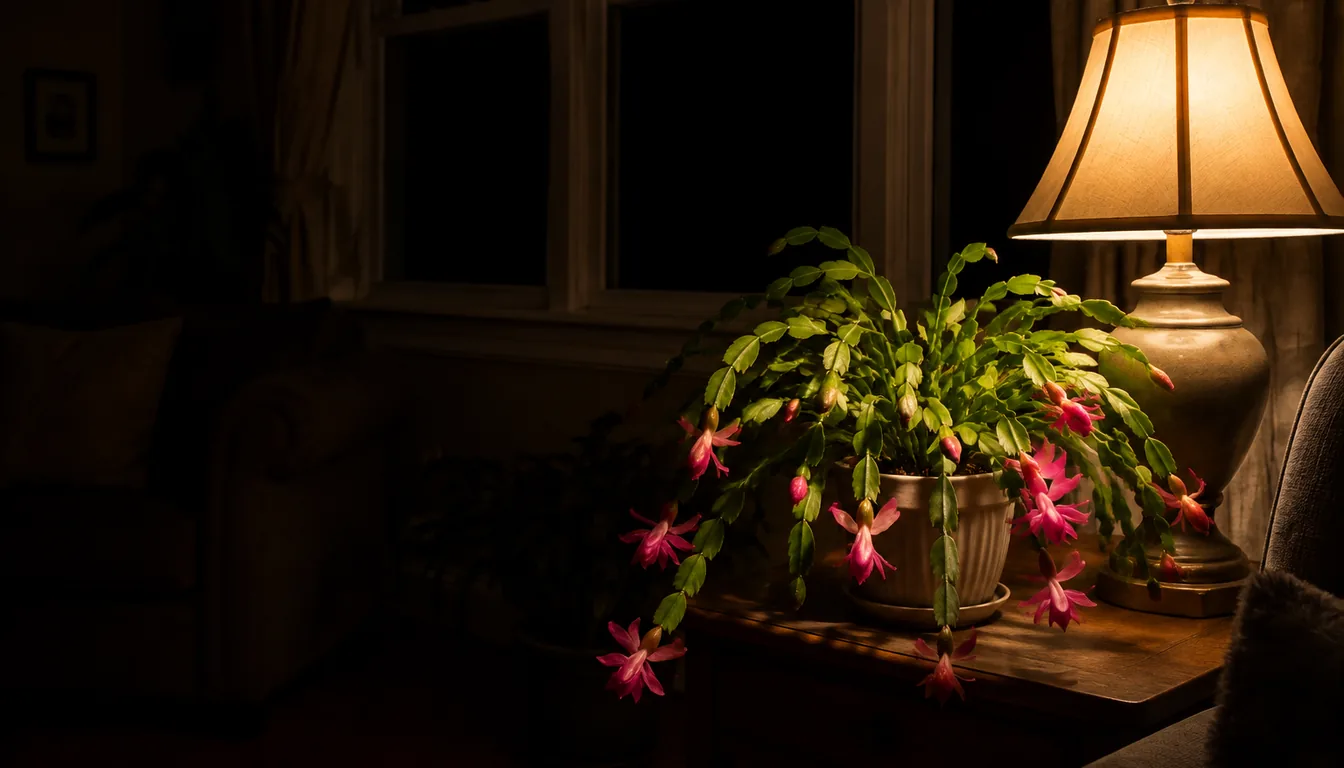 A holiday cactus on a side table in a dark living room at night, brightly lit by a switched-on table lamp standing right beside it while the rest of the room is in shadow