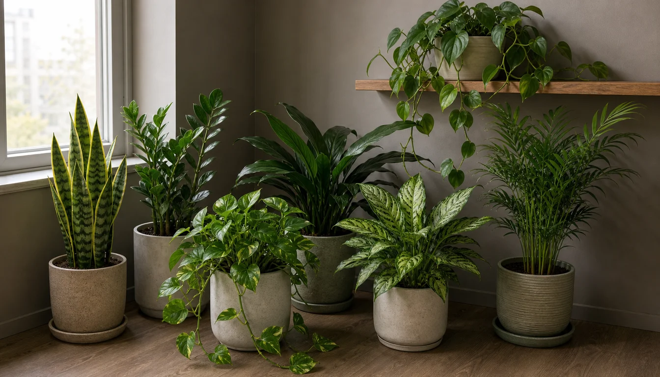 snake plant, ZZ plant, pothos, cast iron plant, Aglaonema, parlor palm, and heartleaf philodendron in a dim room by a north-facing window