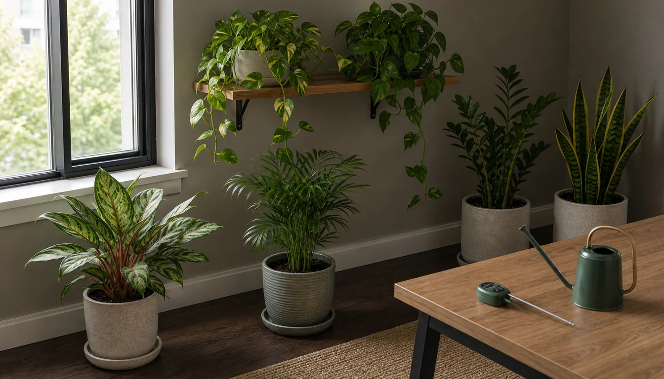 Aglaonema, parlor palm, ZZ plant, snake plant, pothos, philodendron, watering can, and moisture meter arranged near a dim window