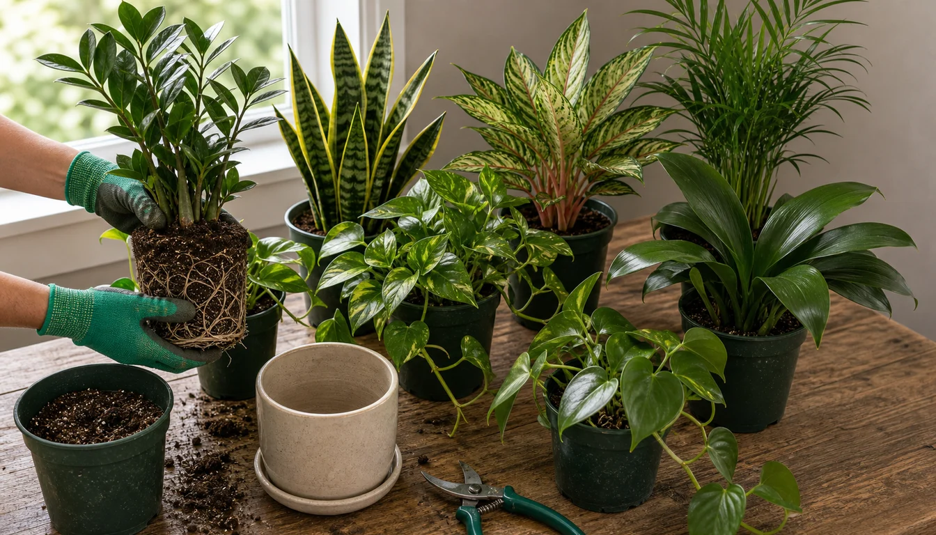 gloved hands holding ZZ plant root ball beside snake plant, pothos, Aglaonema, parlor palm, cast iron plant, philodendron, empty pot, and pruners