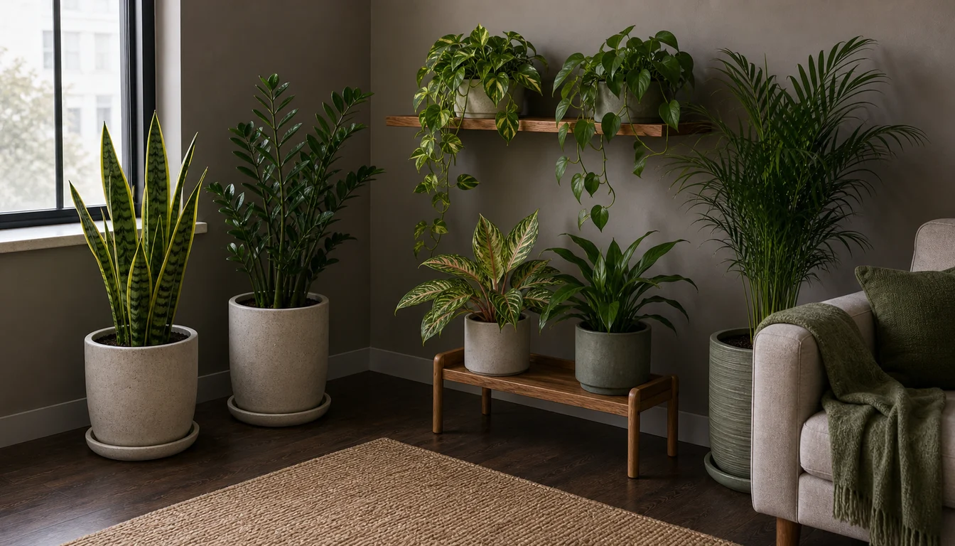 snake plant, ZZ plant, pothos, philodendron, Aglaonema, peace lily, and parlor palm arranged near a dim living room window