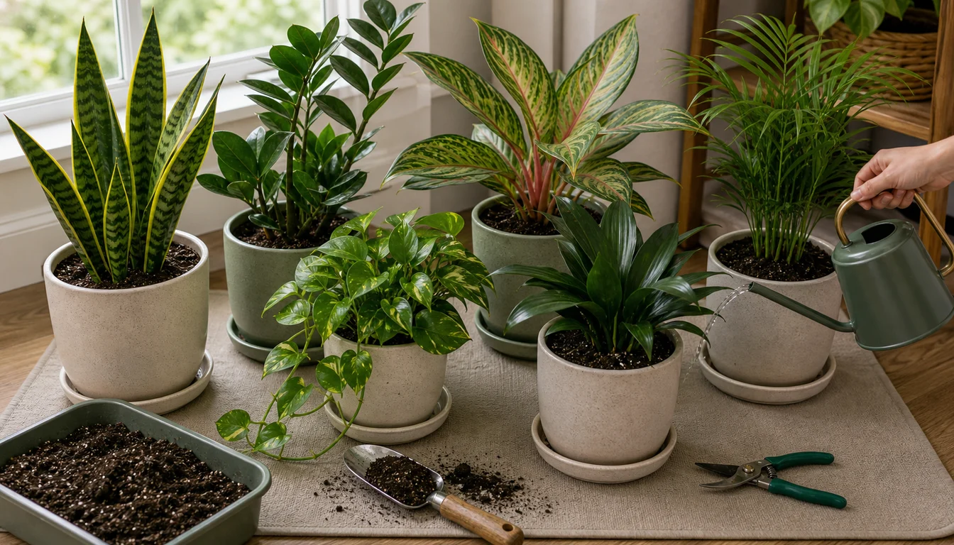 watering can soaking pots of snake plant, ZZ plant, pothos, Aglaonema, peace lily, parlor palm, potting mix, scoop, and pruners