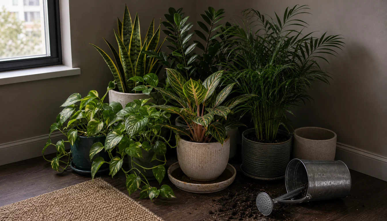 crowded snake plant, ZZ plant, pothos, Aglaonema, parlor palm, full saucers, spilled potting mix, and tipped watering can in a dim corner