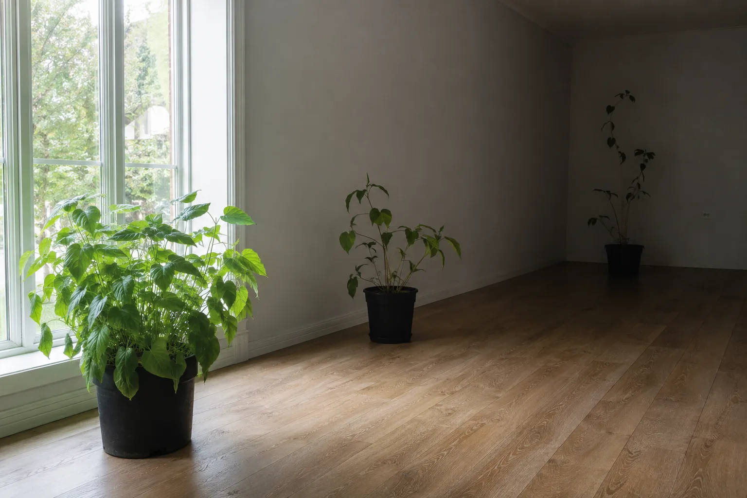 The same plant species in identical pots at three distances from one window, dense beside the glass, sparser in the middle of the room, thin and stretched in the far corner