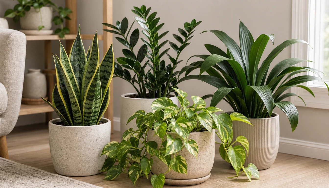 Low light houseplants grouped near a dim window with indirect light