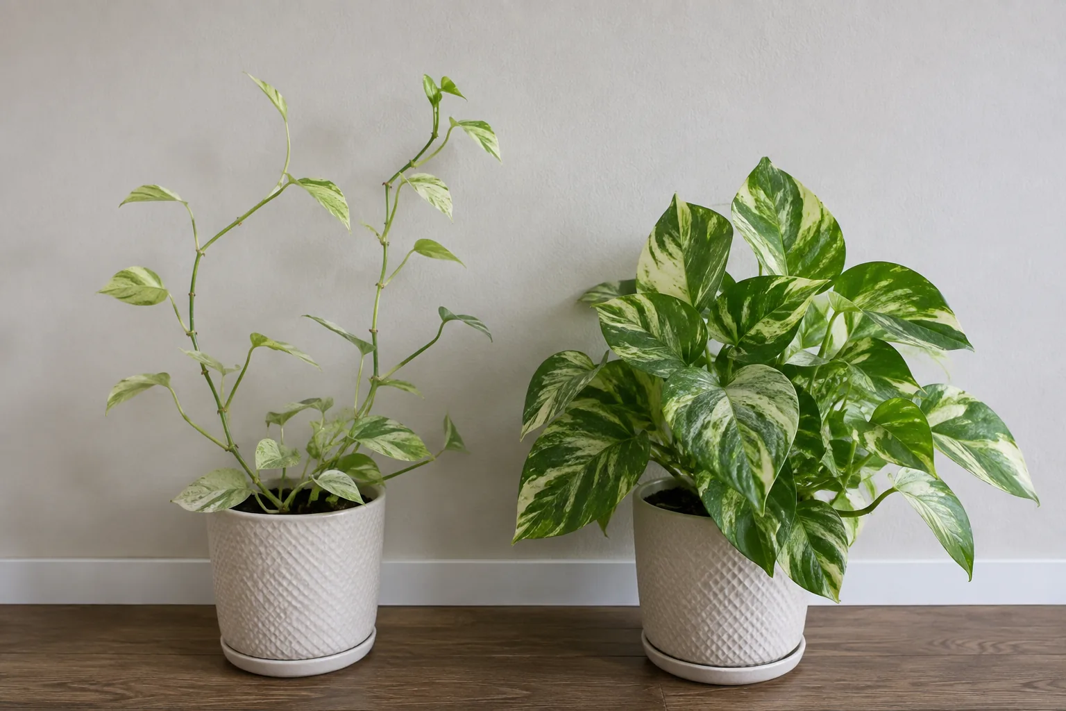 Two pothos in identical pots, the left stretched with long bare stem gaps and small pale leaves, the right compact with closely spaced leaves and clear variegation