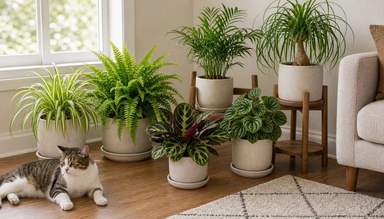 spider plant, Boston fern, calathea, peperomia, parlor palm, and ponytail palm in pots beside a resting cat