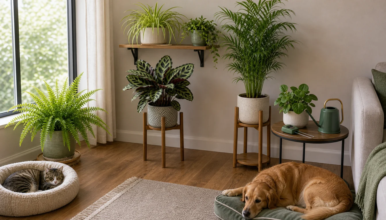 Boston fern, calathea, parlor palm, spider plant, peperomia, trailing peperomia, watering can, moisture meter, resting cat, and resting dog