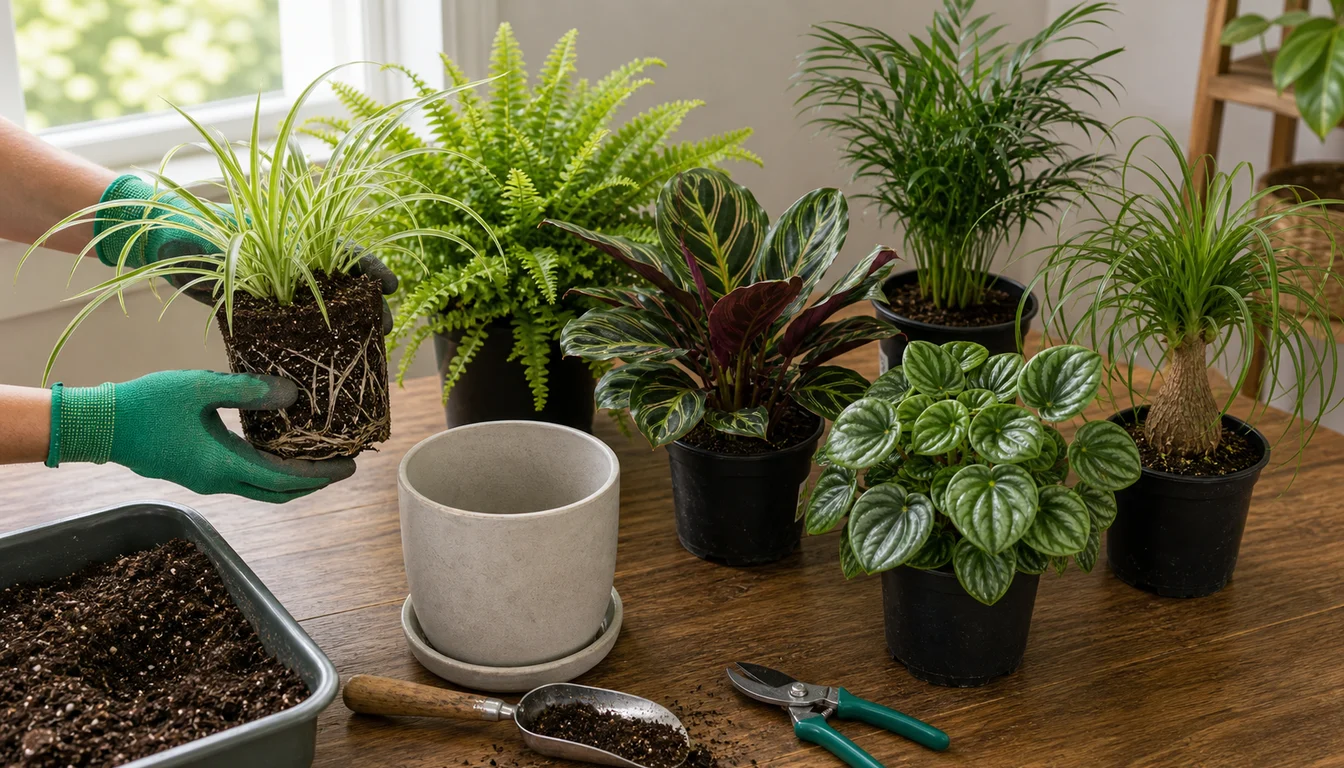 gloved hands holding spider plant root ball beside Boston fern, calathea, parlor palm, peperomia, ponytail palm, empty pot, pruners, scoop, and potting mix