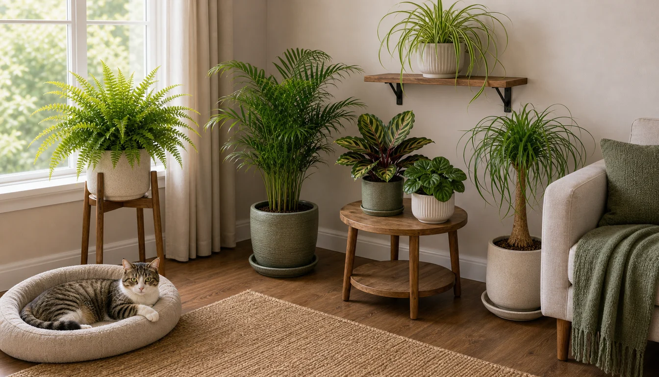 Boston fern, parlor palm, calathea, peperomia, spider plant, ponytail palm, and a resting cat arranged near a bright living room window