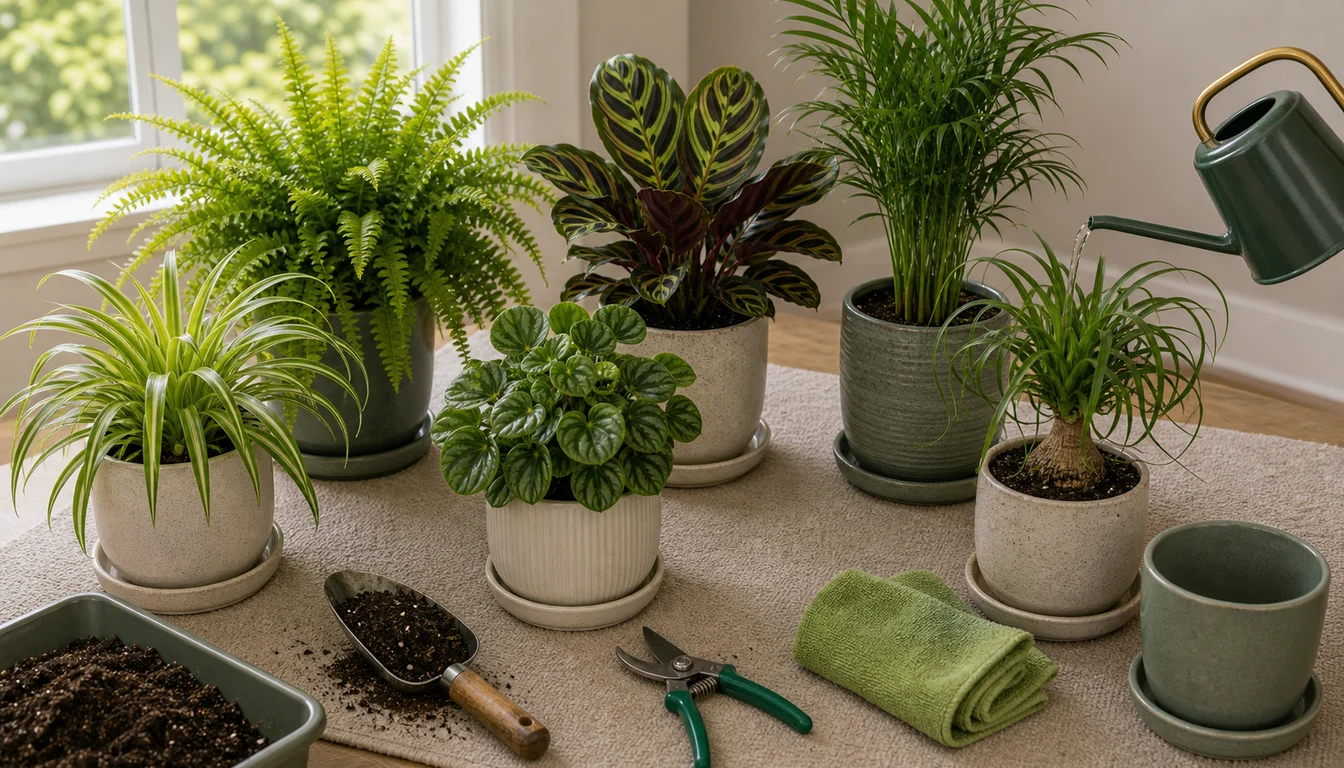 watering can soaking spider plant, Boston fern, calathea, peperomia, parlor palm, ponytail palm, potting mix, scoop, pruners, and cloth