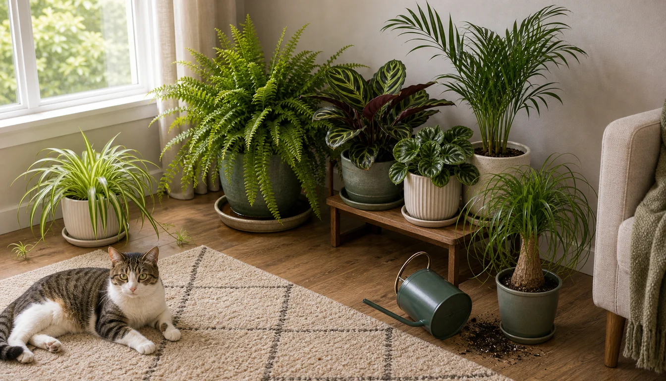 spider plant, Boston fern, calathea, peperomia, parlor palm, ponytail palm, resting cat, full saucers, spilled potting mix, and tipped watering can