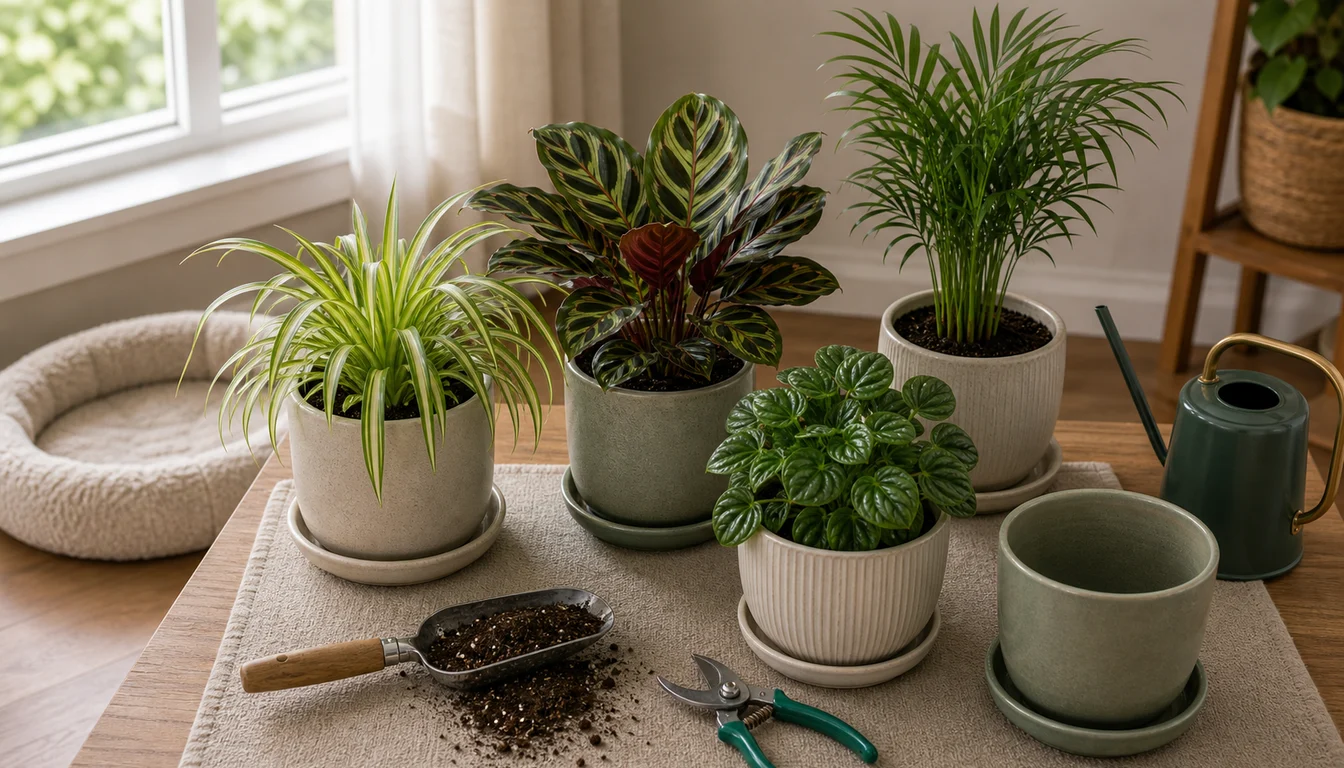starter pet-safe houseplant setup with spider plant, calathea, parlor palm, peperomia, cat bed, watering can, empty pot, pruners, and potting scoop