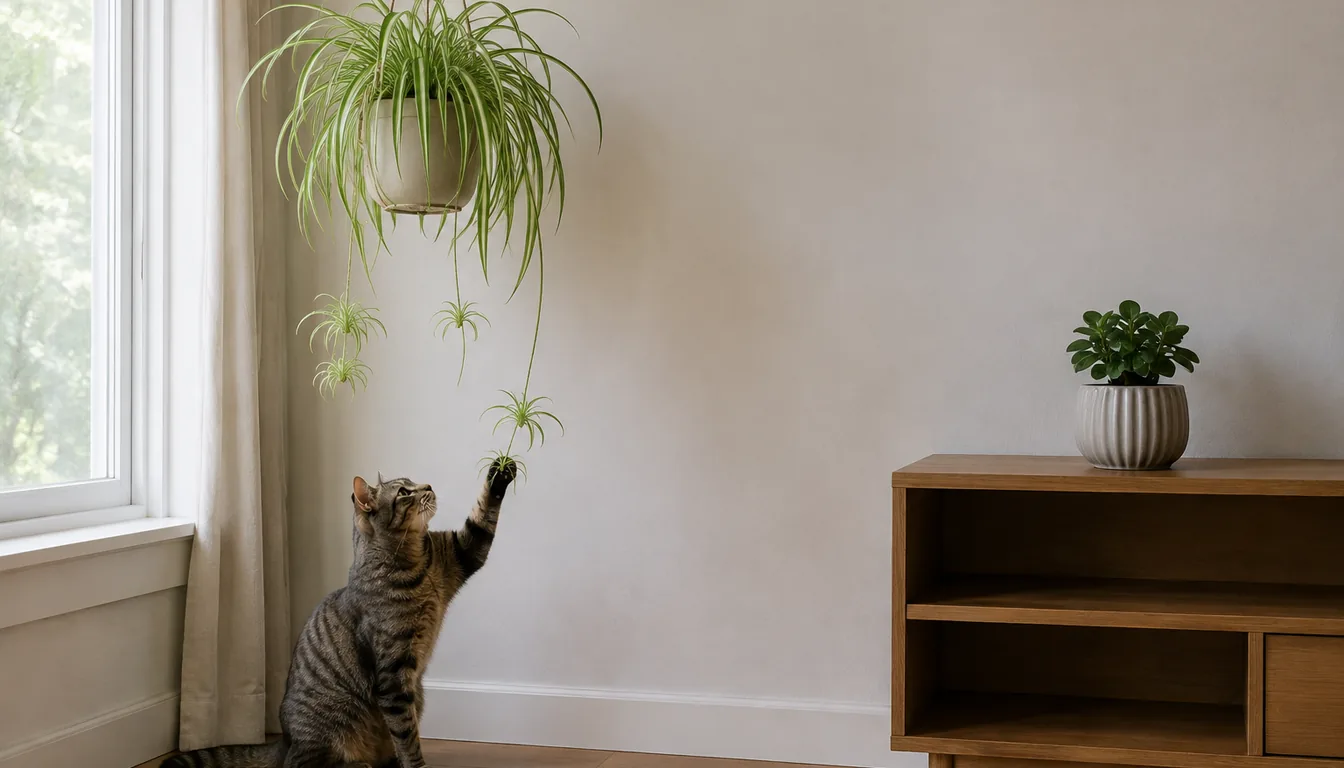A cat reaches a dangling spider plantlet below a hanging basket, with a small potted plant on a nearby cabinet.