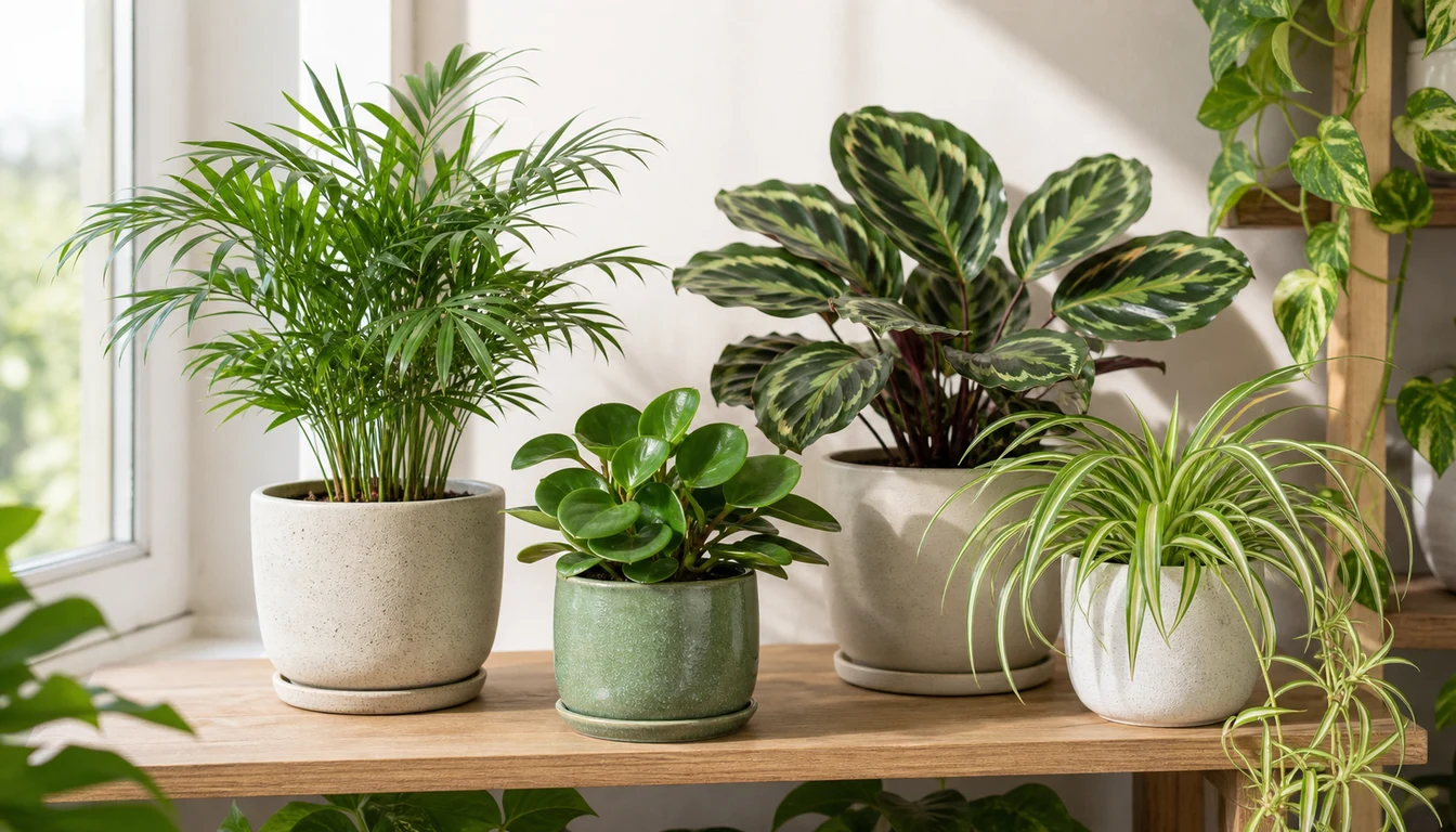 Pet safe houseplants arranged on a shelf above a cat resting nearby