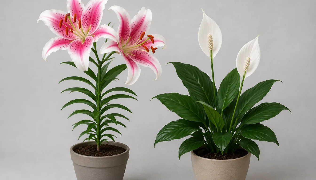 Two potted plants side by side, the left a pink oriental lily with six recurved petals and long stamens loaded with orange pollen on one upright leafy stem, the right a peace lily with a low clump of broad glossy leaves and two white hooded flowers each wrapped around a pale spike