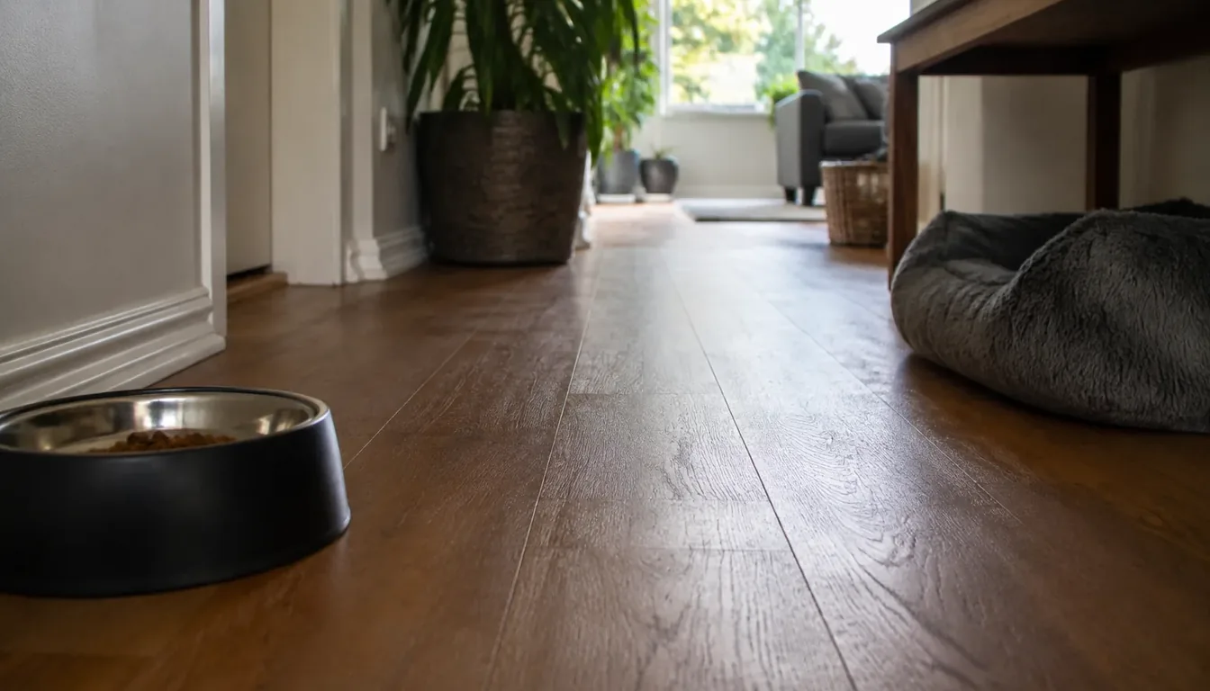 A floor-level view past a food bowl and pet bed toward a large potted plant near a window.