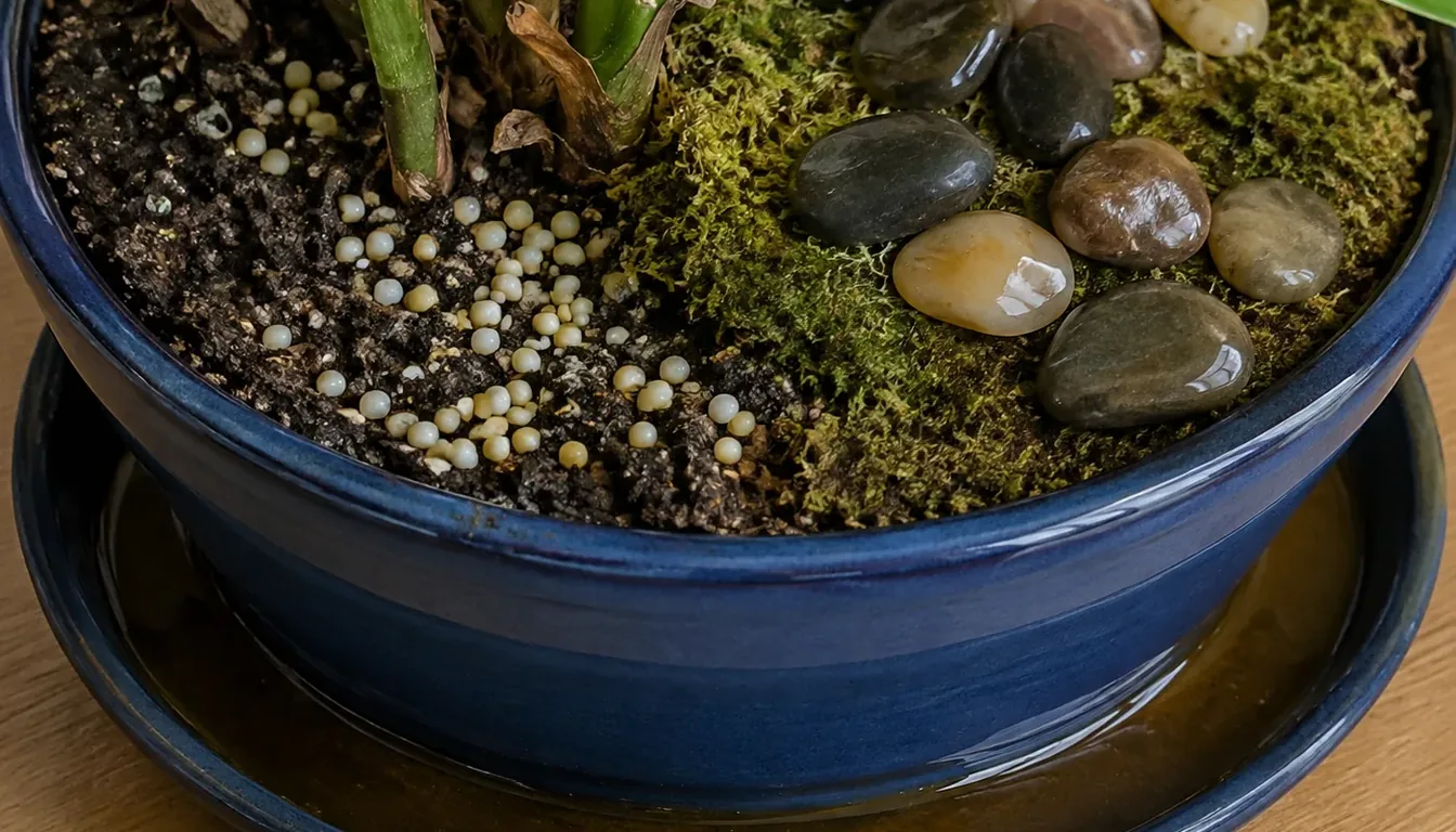 Loose pale granules, moss, and stones on a pot surface, with water in the saucer.