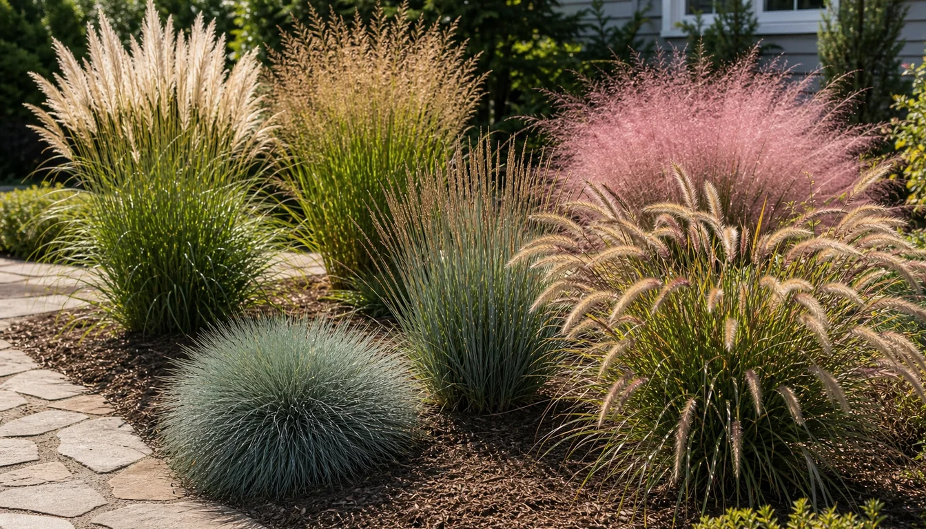 feather reed grass, switchgrass, little bluestem, blue fescue, fountain grass, and pink muhly grass growing in a sunny mulched border