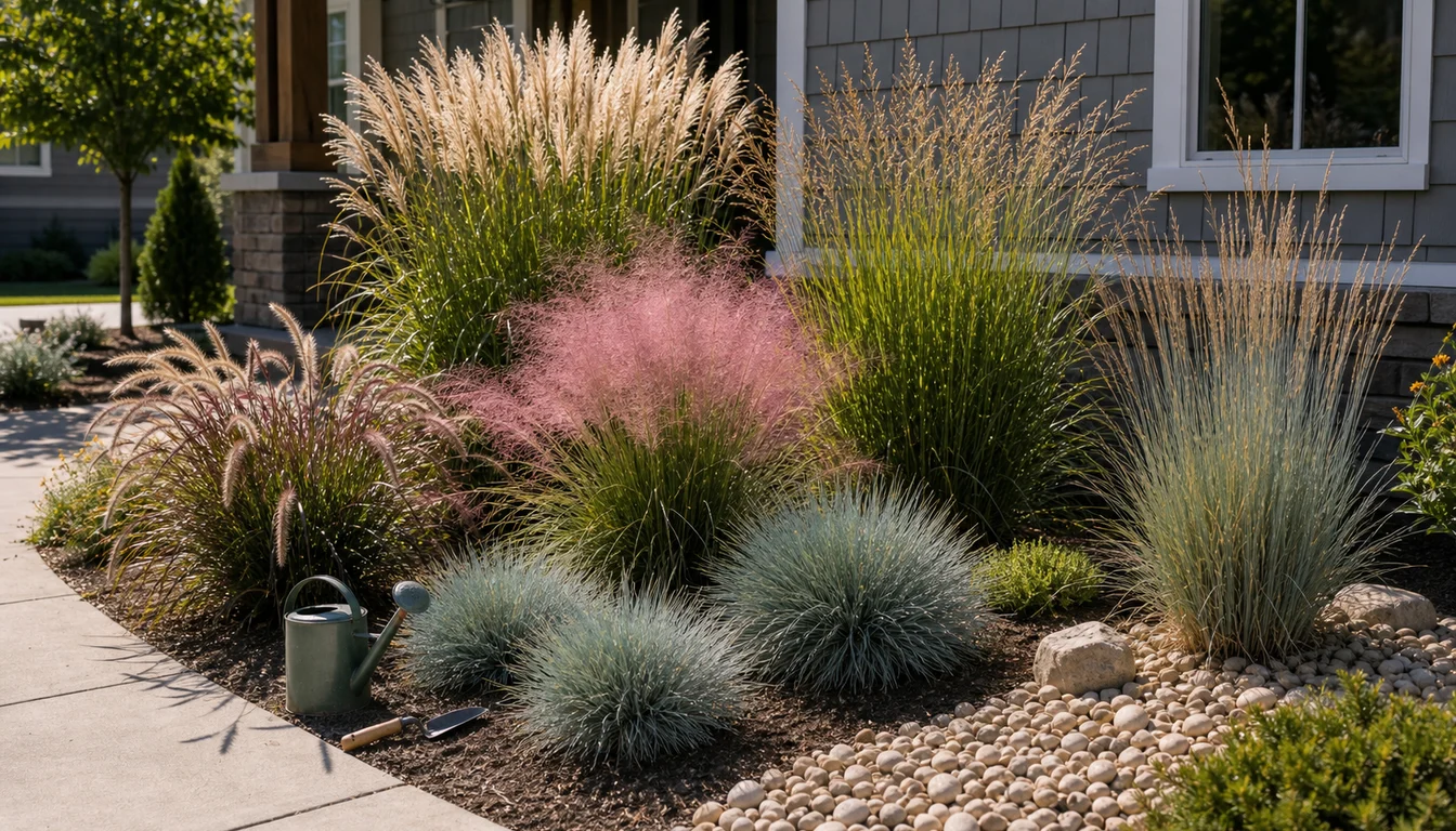 ornamental grasses with tall plumes, pink muhly grass, blue fescue, gravel edge, sunny sidewalk border, watering can, and trowel