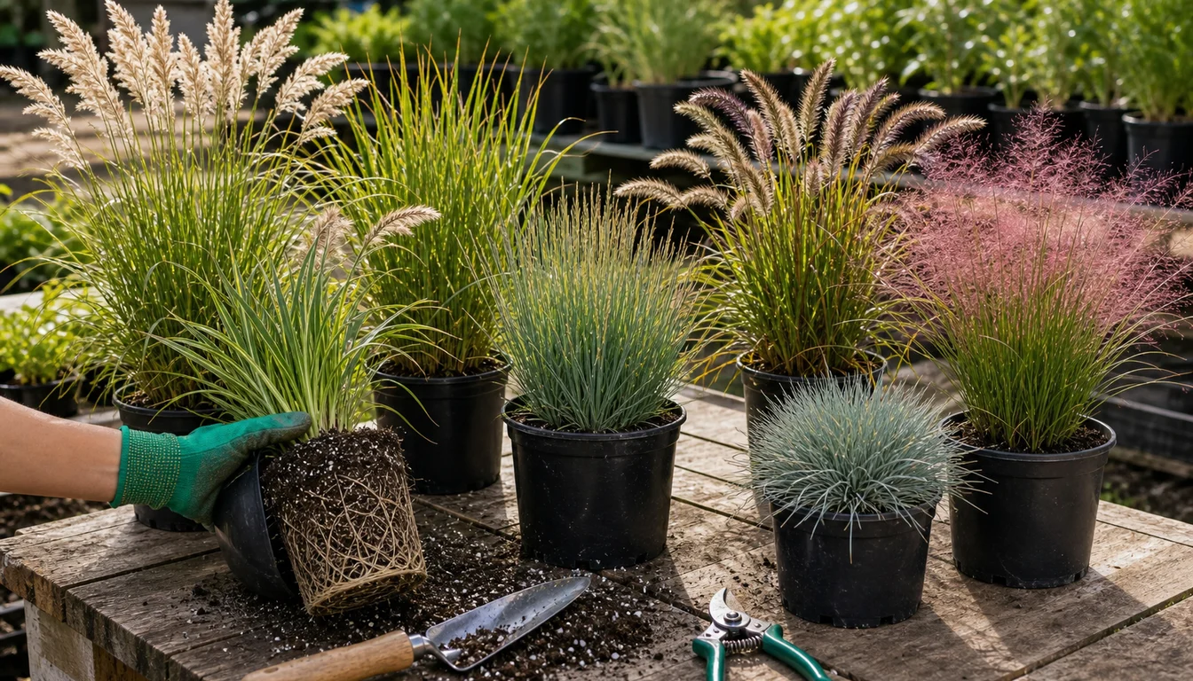 gloved hand holding ornamental grass root ball beside nursery pots of blue fescue, fountain grass, pink muhly grass, trowel, pruners, and potting mix