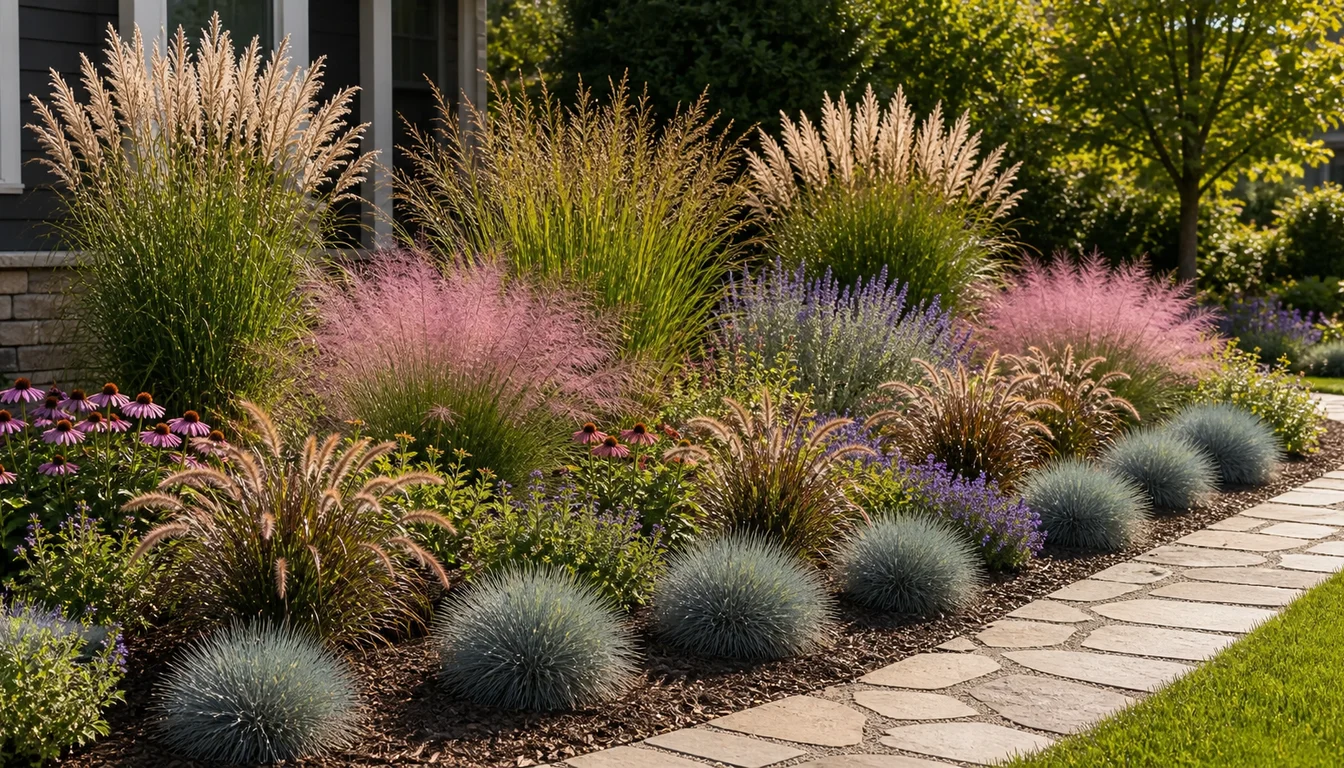 repeated blue fescue, fountain grass, pink muhly grass, tall ornamental grass plumes, mulch, flowers, and stone path in a sunny border layout