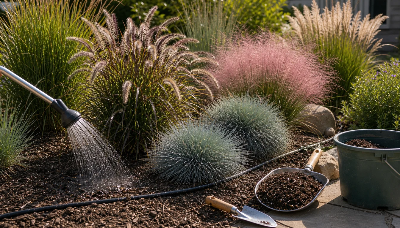 watering wand soaking ornamental grass border with fountain grass, pink muhly grass, blue fescue, tall plumes, drip line, compost scoop, and trowel