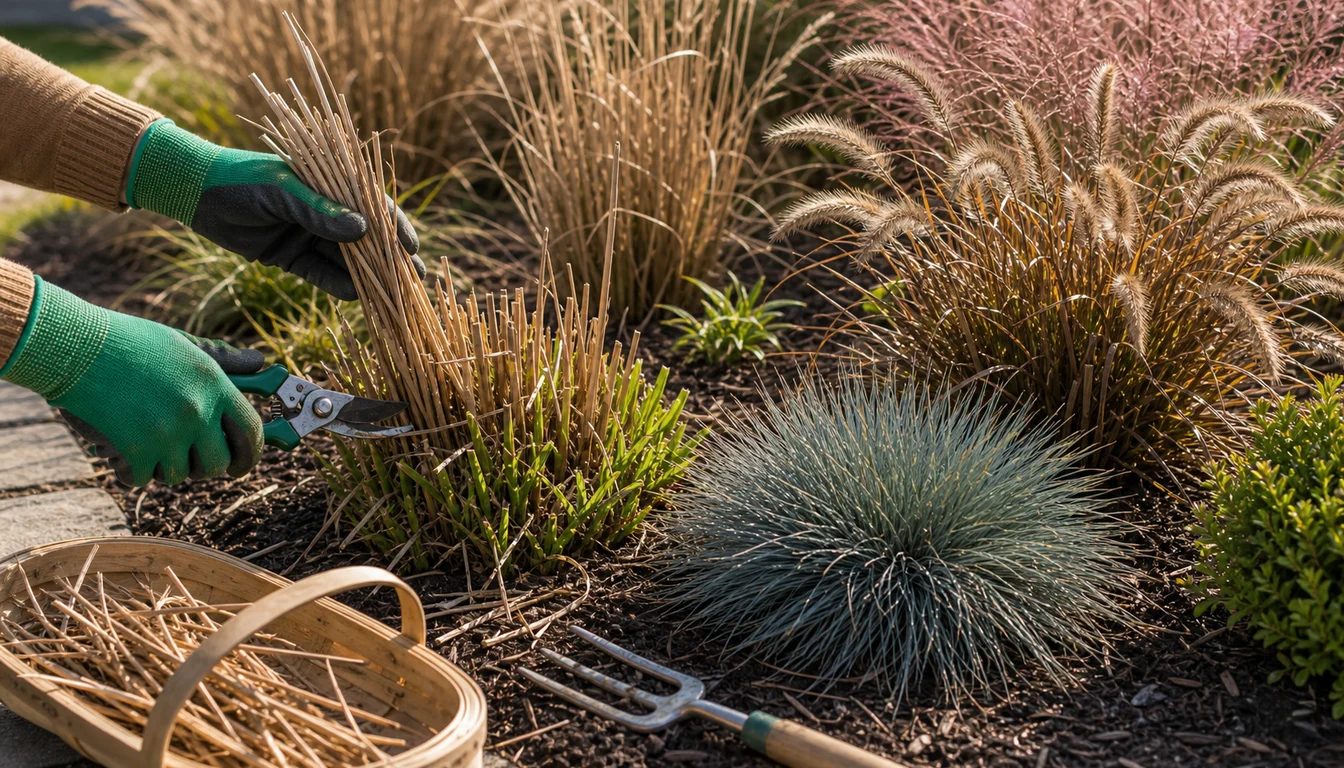 gloved hands cutting back dried ornamental grass stems beside fresh shoots, blue fescue, fountain grass, pink muhly grass, mulch, pruners, fork, and trug basket