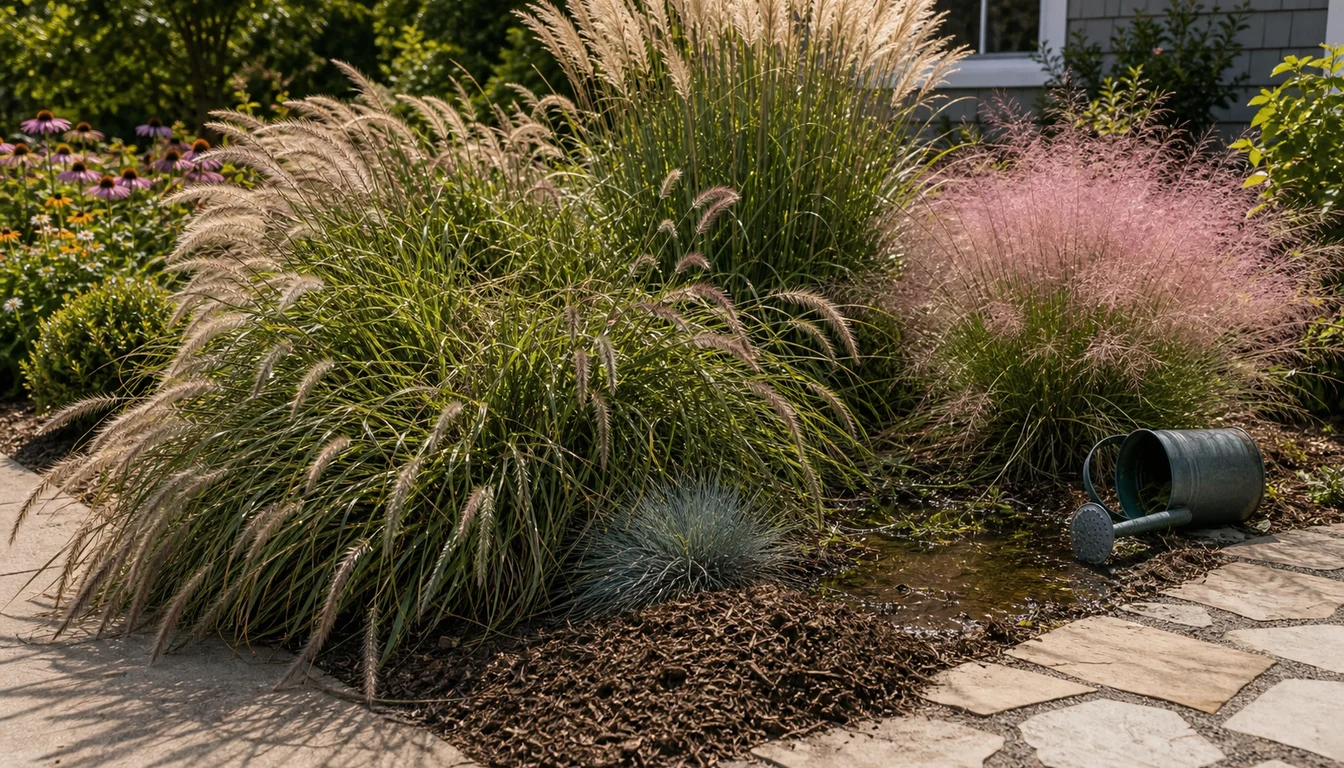 crowded ornamental grasses with fountain grass flopping over a path, tall plumes, pink muhly grass, blue fescue, wet low spot, mulch, and tipped watering can