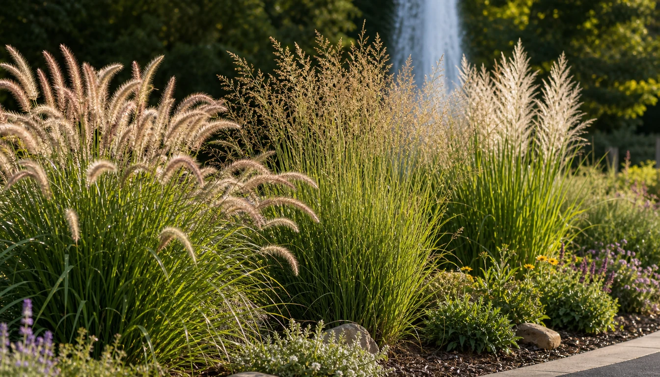Ornamental grasses with airy seed heads and textured blades in a sunny border