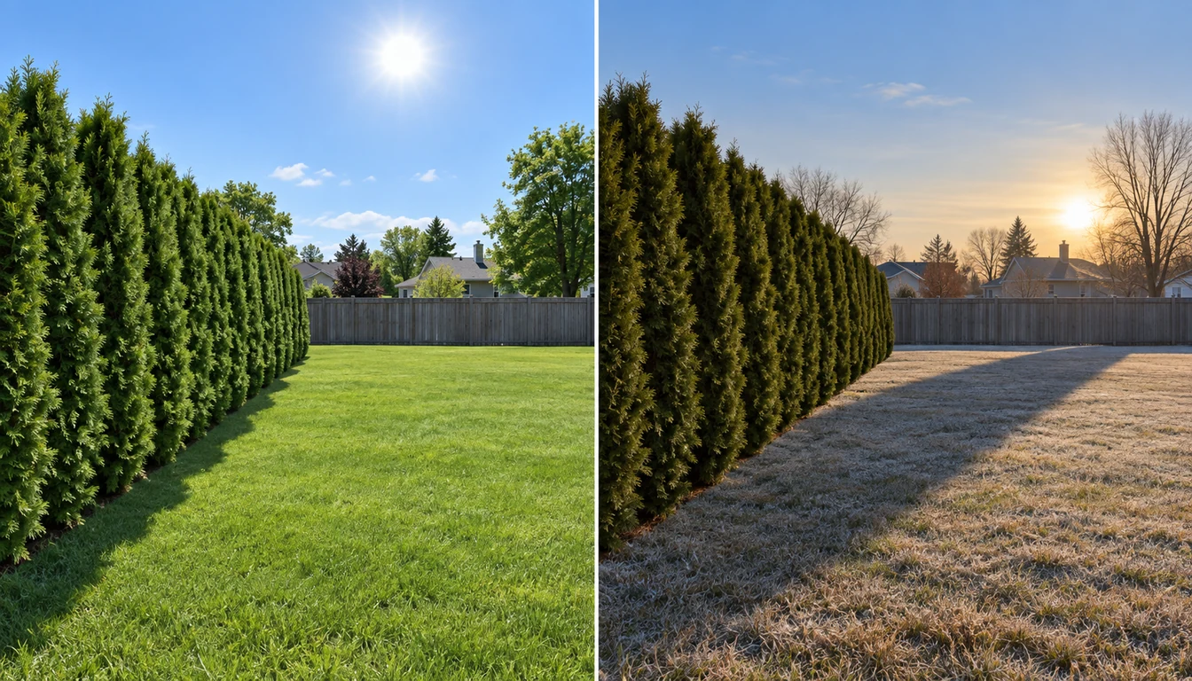 The same evergreen privacy hedge casting a short shadow under high summer sun and a much longer shadow under low winter sun