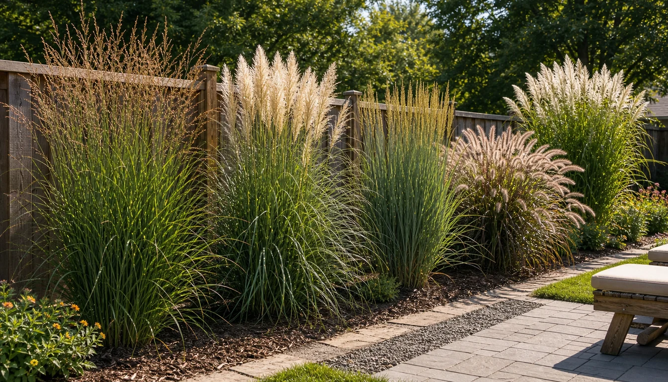 tall clumping privacy grasses with upright plumes, switchgrass, fountain grass, miscanthus, mulch, stone path, patio, and wood fence