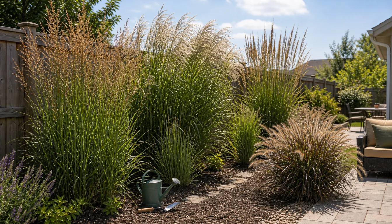 tall clumping privacy grasses along a fence and patio path with fountain grass, upright plumes, mulch, watering can, and trowel