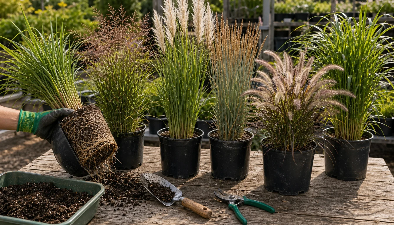 gloved hand holding tall ornamental grass root ball beside nursery pots of switchgrass, miscanthus, fountain grass, trowel, pruners, and potting mix