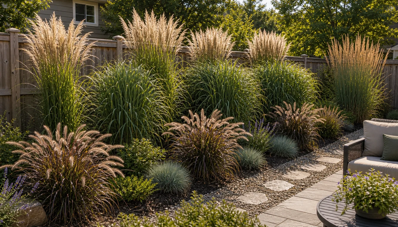 staggered privacy-screen grasses with tall plumes, fountain grass, blue fescue, fence, patio seating, gravel path, and mulch