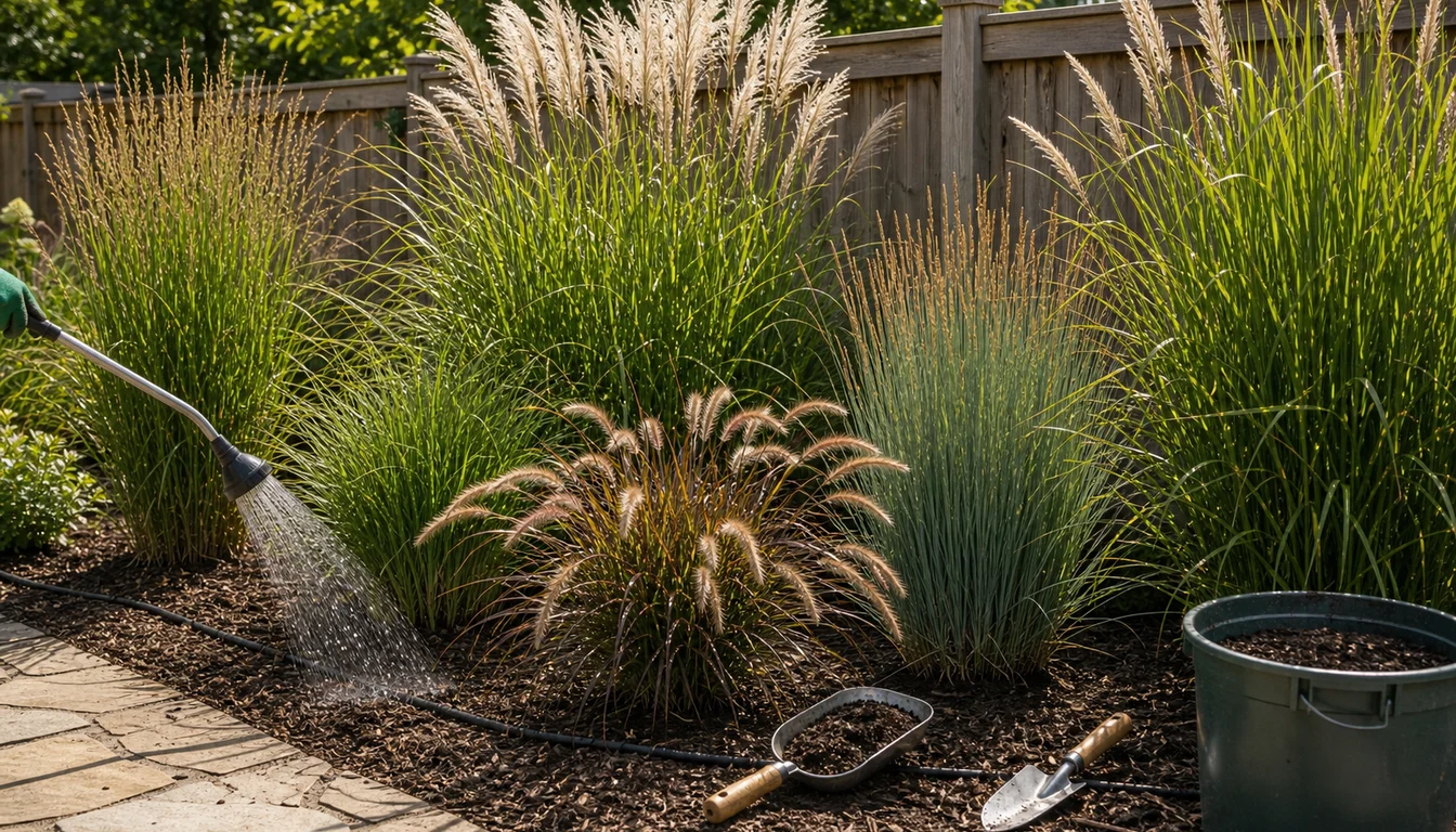 watering wand soaking tall privacy grasses beside fence with fountain grass, blue fescue, drip line, compost scoop, trowel, and mulch bucket